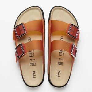 Birkenstock 1774 Arizona PVC Leather Luxe Slide Sandals Vibrant Orange NEW